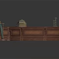 Classic Wooden Curved Reception Desk With Decorative Lamps And Office Accessories