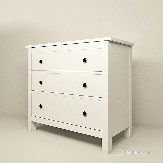 White Modern Nightstand With Three Drawers And Black Knobs Simple Design 3d model