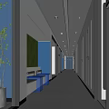 Modern Office Corridor with White Walls Blue Accent Wall Green Plants and Ceiling Lighting