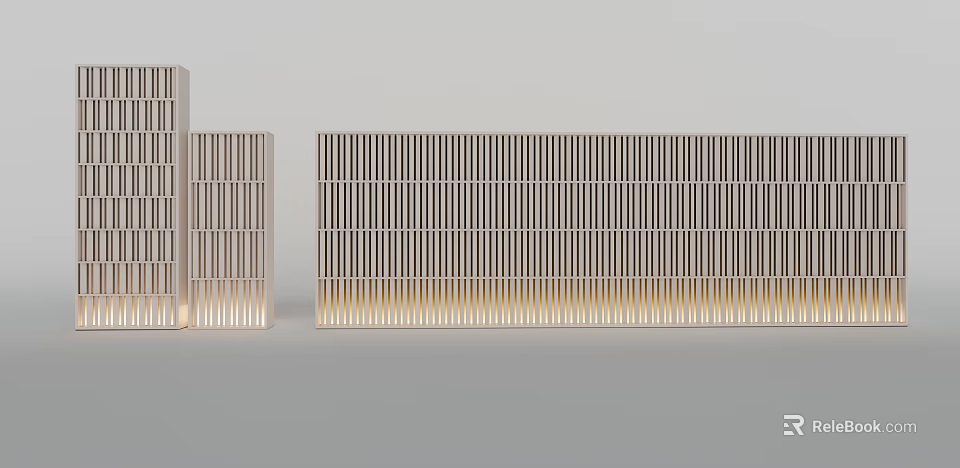 Modern Slatted Screen Design With Vertical Metal Strips And Warm Lighting 3d model