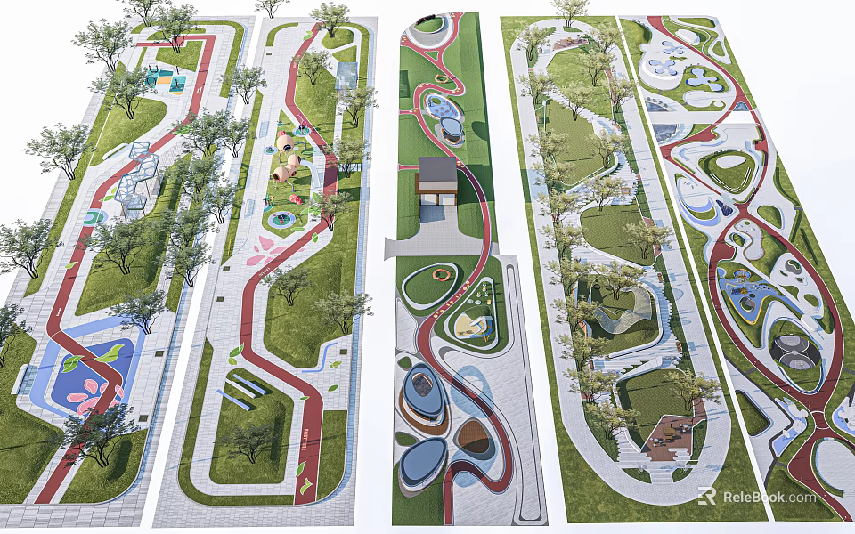 Scenic Park Landscape Design With Winding Paths Lush Green Spaces And Water Features 3d model 