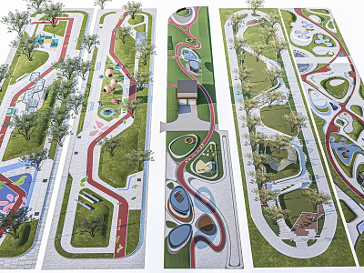 Scenic Park Landscape Design With Winding Paths Lush Green Spaces And Water Features 3d model