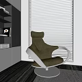 Gray Accent Chair in Modern Interior With Metal Armrests Swivel Base Bookshelf LED Lights Blinds