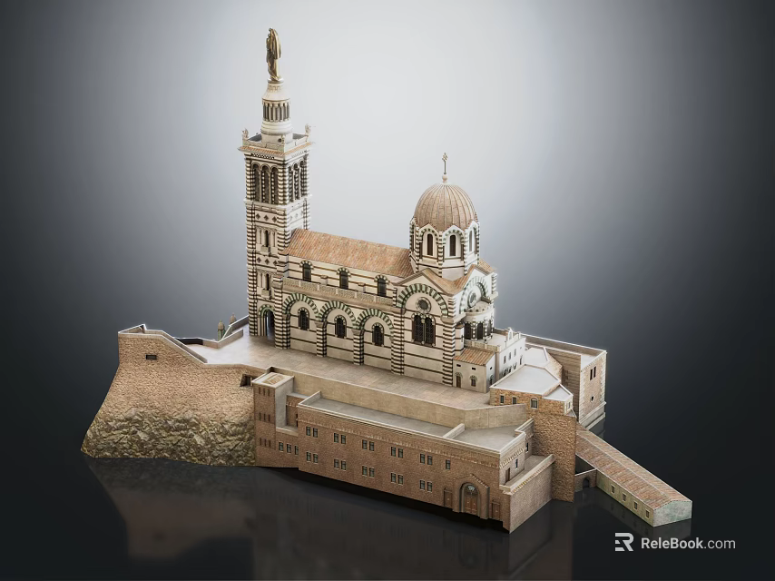 European Style Architectural Model With Bell Tower Dome And Stone Walls 3d model 