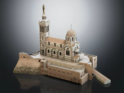 European Style Architectural Model With Bell Tower Dome And Stone Walls 3d model