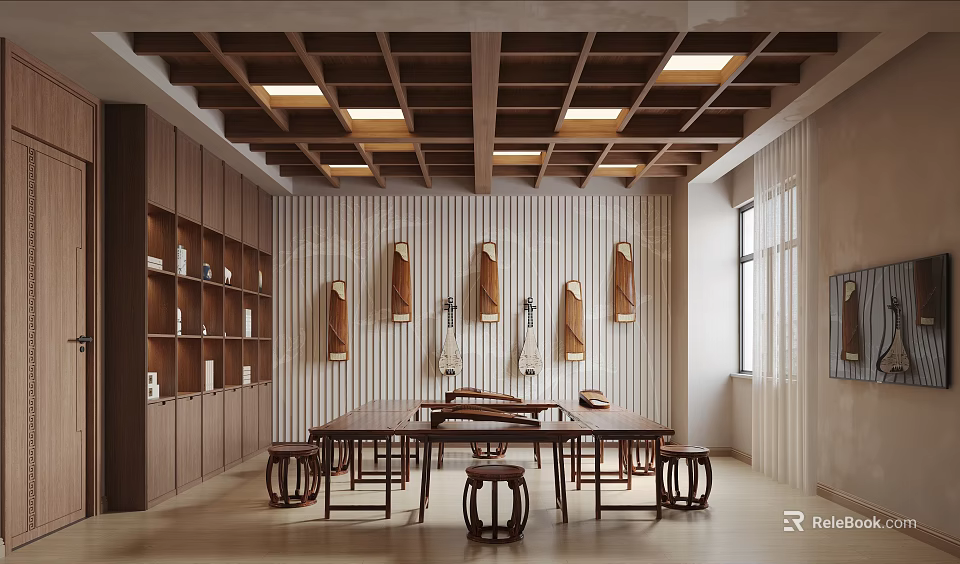 Traditional Tea Room Interior With Wooden Ceiling Furniture And Shelves 3d model 