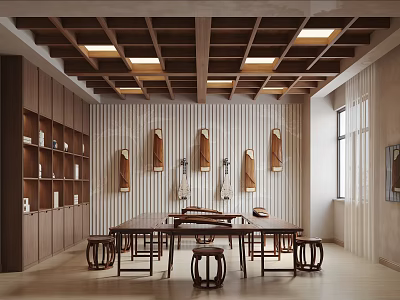 Traditional Tea Room Interior With Wooden Ceiling Furniture And Shelves 3d model