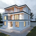 Modern Two Story Detached Villa With Large Glass Windows Balcony And Green Lawn
