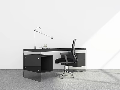 Modern Black Office Desk With Ergonomic Chair Silver Lamp And White Decorative Ornament 3d model