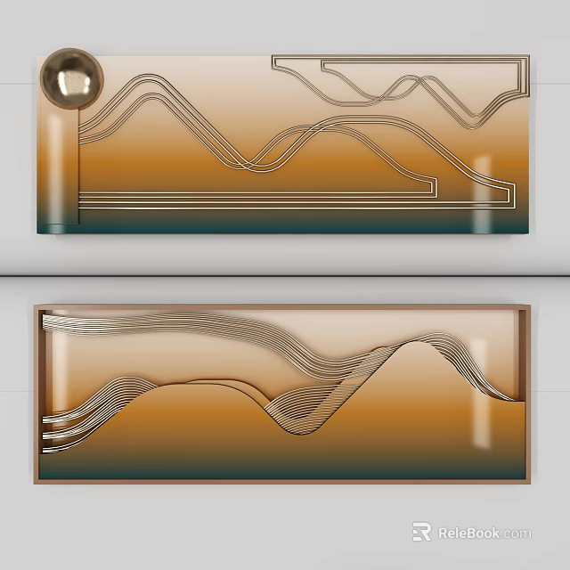 Modern Wall Decor With Metallic Wavy Lines And Warm Orange Gold Tones 3d model 
