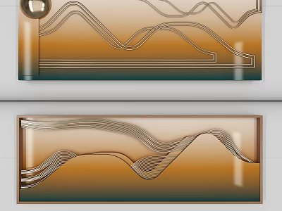 Modern Wall Decor With Metallic Wavy Lines And Warm Orange Gold Tones 3d model