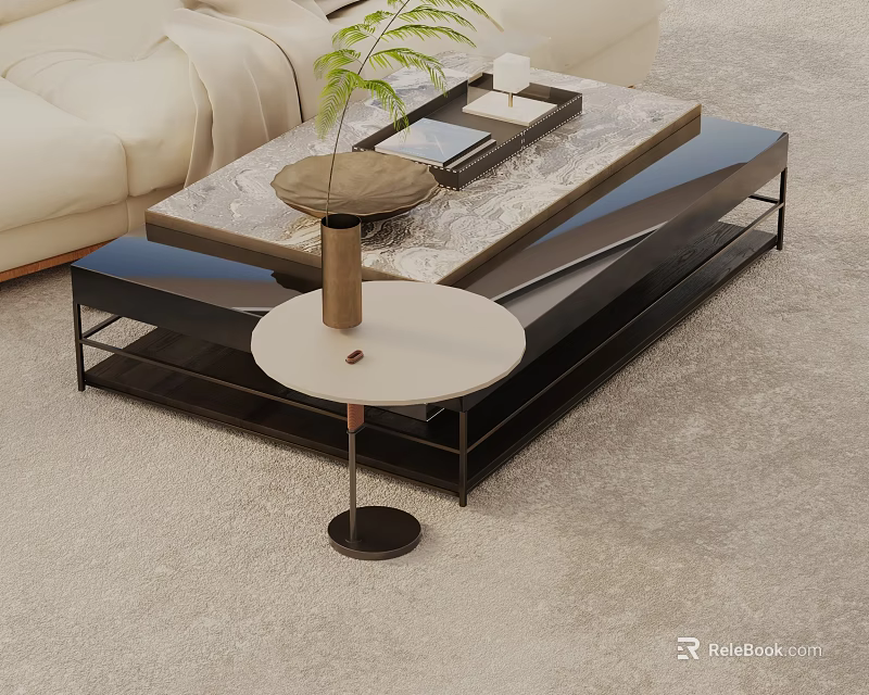 Modern Beige Sofa And Coffee Table Set With Marble Top Black Metal Frame Tray Plant 3d model 