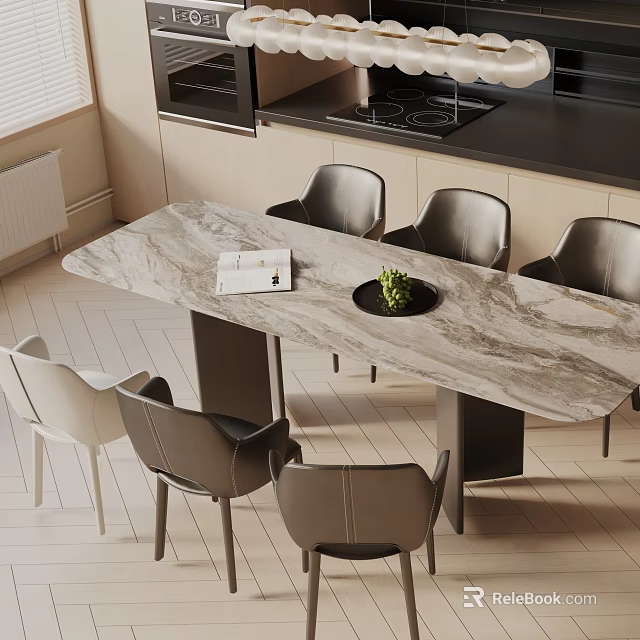 Modern Dining Table Set With Marble Top And 6 Leather Dining Chairs For Home 3d model 