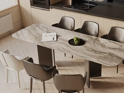 Modern Dining Table Set With Marble Top And 6 Leather Dining Chairs For Home 3d model