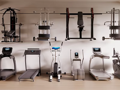 Assorted Sports Equipment Including Treadmills Elliptical Machines And Wall Mounted Fitness Trainers 3d model