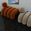 Brown And Beige Round Shaped Fabric Upholstered Sofa Stools For Modern Living Room