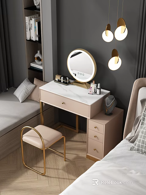 Elegant Modern Dressing Table With Marble Top Round Mirror And Gold Vanity Stool 3d model