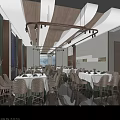Elegant Banquet Hall Interior With Round Tables Hanging Lights And Wall Decorations