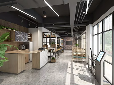 Modern Open Restaurant Interior With Wooden Counter Green Plants Large Windows And Self-service Ordering Kiosk 3d model