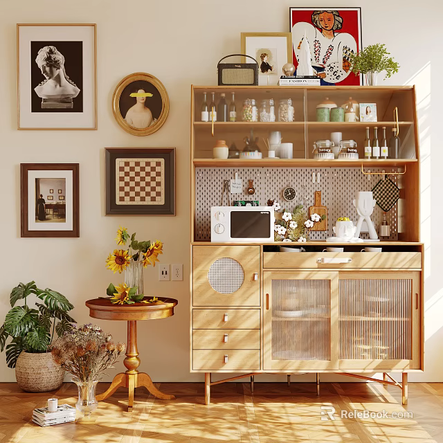 Cozy Wooden Sideboard Decorated With Glass Jars Microwave Sunflowers And Wall Art 3d model 