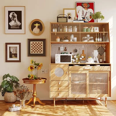 Cozy Wooden Sideboard Decorated With Glass Jars Microwave Sunflowers And Wall Art 3d model