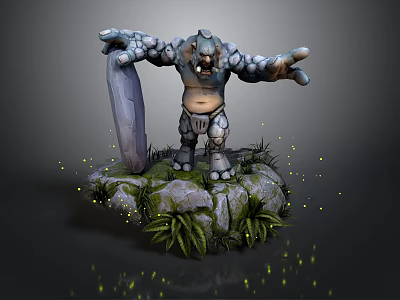 Stone Giant Character Holding Shield Standing On Rocky Base With Green Plants And Glowing Particles 3d model