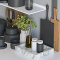 Stylish Gray Kitchenware Collection On Shelves With Wooden Cutting Board And Green Plant