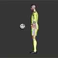 Man in yellow goalkeeper jersey holding soccer ball on gray background