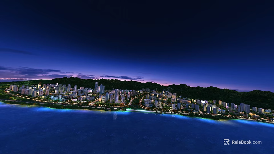 Coastal City Aerial Planning With Night View Illumination And Mountain Backdrop 3d model 