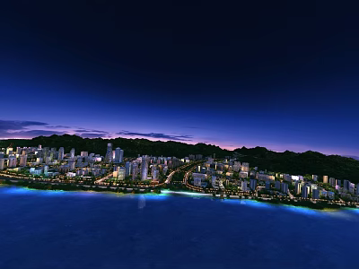 Coastal City Aerial Planning With Night View Illumination And Mountain Backdrop 3d model