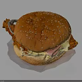 Hamburger With Sesame Seed Bun Fried Chicken Ham And Cheese On White Paper Dark Background
