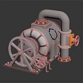 Industrial Mechanical Equipment Featuring Pipes Gears Yellow Valve Handle And Hexagonal Base Structure