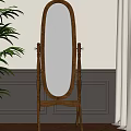 Wooden Frame Oval Standing Mirror With Green Plant And Curtain In Interior
