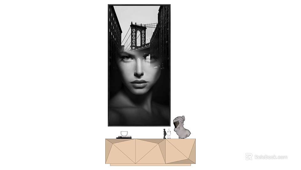 Figure Painting of a Woman with Bridge Background in Modern Interior with Decorative Console 3d model 
