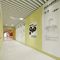 Well Lit Elevator Corridor With Pink Walls Arch And Colorful Artworks