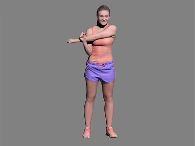 Woman Stretching in Orange Tank Top Purple Shorts and Pink Shoes Against Gray Background 3d model