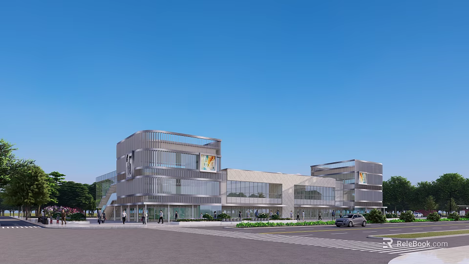 Modern Office Building Exterior With Glass Walls Metal Structure Green Landscaping And Clear Sky 3d model 