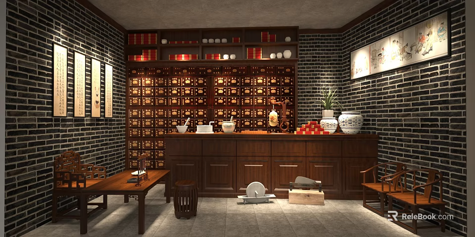 Traditional Cultural Center Interior With Brick Walls Wooden Bookshelves And Chinese Furniture 3d model 