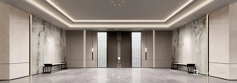 Modern Foyer Design With Symmetric Layout Lighting And Marble Floor 3d model 