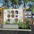 Traditional Courtyard Restaurant With Large Tree Wooden Tables And Green Plants