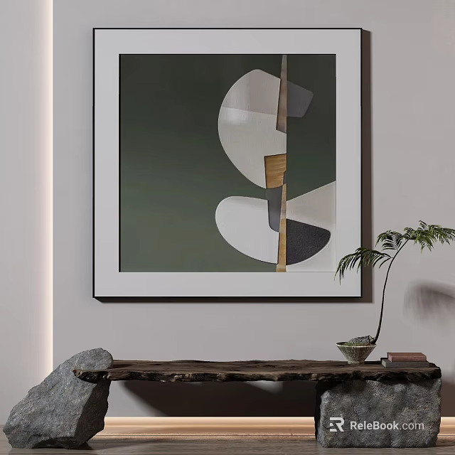 Modern Abstract Painting With Curved Angular Shapes Green Background And Interior Decor 3d model