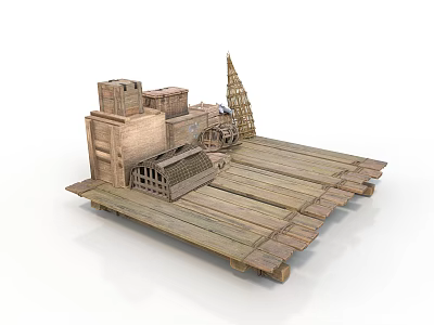 Detailed Wooden Model Scene With Crates Spire And Cage On Platform 3d model
