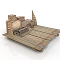 Detailed Wooden Model Scene With Crates Spire And Cage On Platform