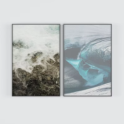 Modern Storage Cabinet With Ocean Wave And Blue Ice Art Prints In Living Space 3d model