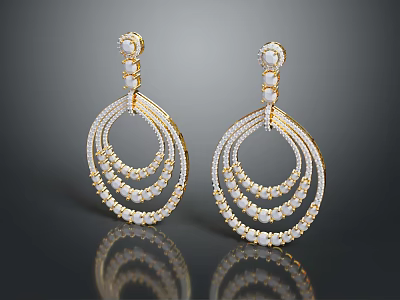 Elegant Stylish Golden Earrings With Multi Layered Circular Hoops And Pearl Diamond Inlays 3d model