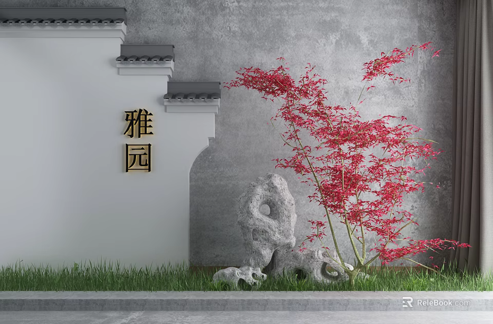 Traditional Ya Yuan Garden Ornament Featuring Red Maple Tree Stones and Grass by Gray Wall 3d model 