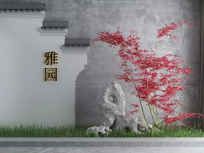 Traditional Ya Yuan Garden Ornament Featuring Red Maple Tree Stones and Grass by Gray Wall 3d model
