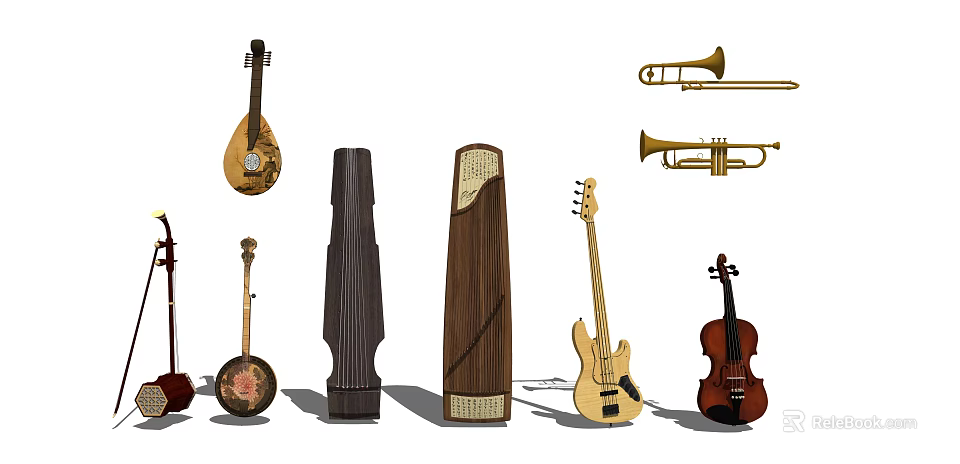 Various Musical Instruments Collection Featuring Lute Zither Guitar Violin Trumpet And Trombone 3d model 