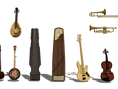 Various Musical Instruments Collection Featuring Lute Zither Guitar Violin Trumpet And Trombone 3d model