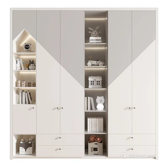 Modern White Wardrobe With Multiple Storage Compartments Books And Decorative Figurines 3d model 